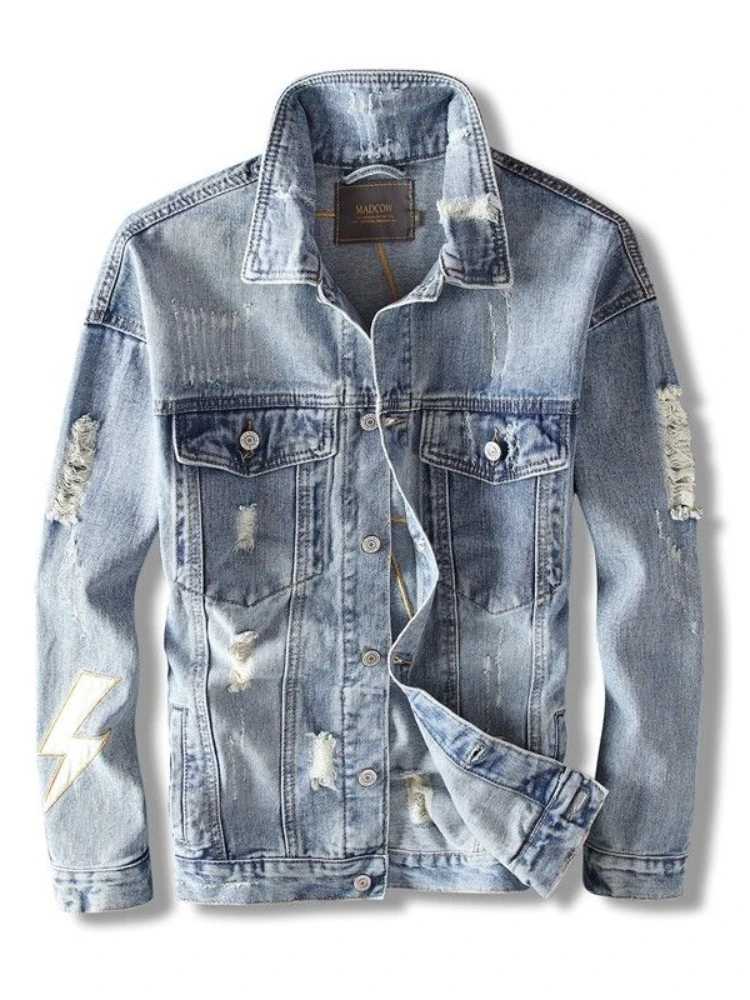 Men Lightning Patchwork Denim Jacket Embroidered Frayed Distressed Biker Moto Coat Trendy Spring Streetwear Outer Clothing M260309