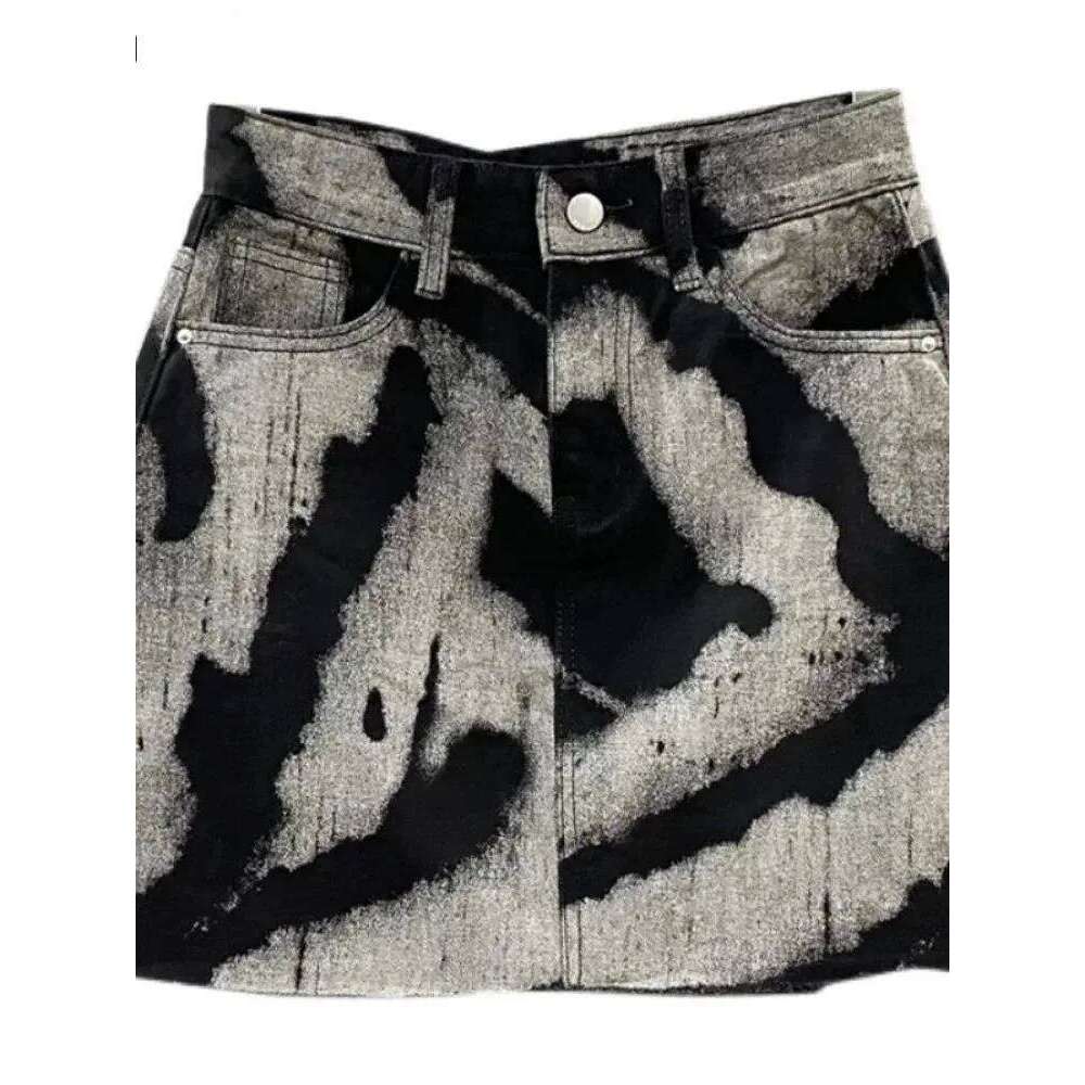 Gray Tie Dye Printing Fashion Denim Mini Women High Waist Button Pocket A-line Jean Skirts Sexy Y2K Streetwear Y207 XJ260309