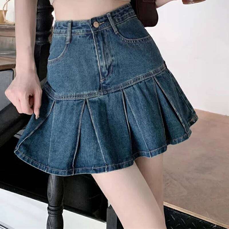 Women High Waist Korean Style Denim Pleated Female Elegant Ruched Dress Lady Blue A Line Mini Wrap Hips Skirts Large Size XJ260309