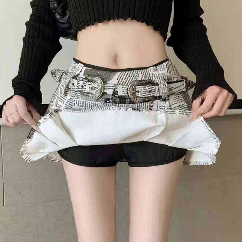 Sexy Newspaper Printed Skirt Women Summer Streetwear Belt High Waist A Line Short Pleated Skirts Girls Casual Shorts Saia Female XJ260309