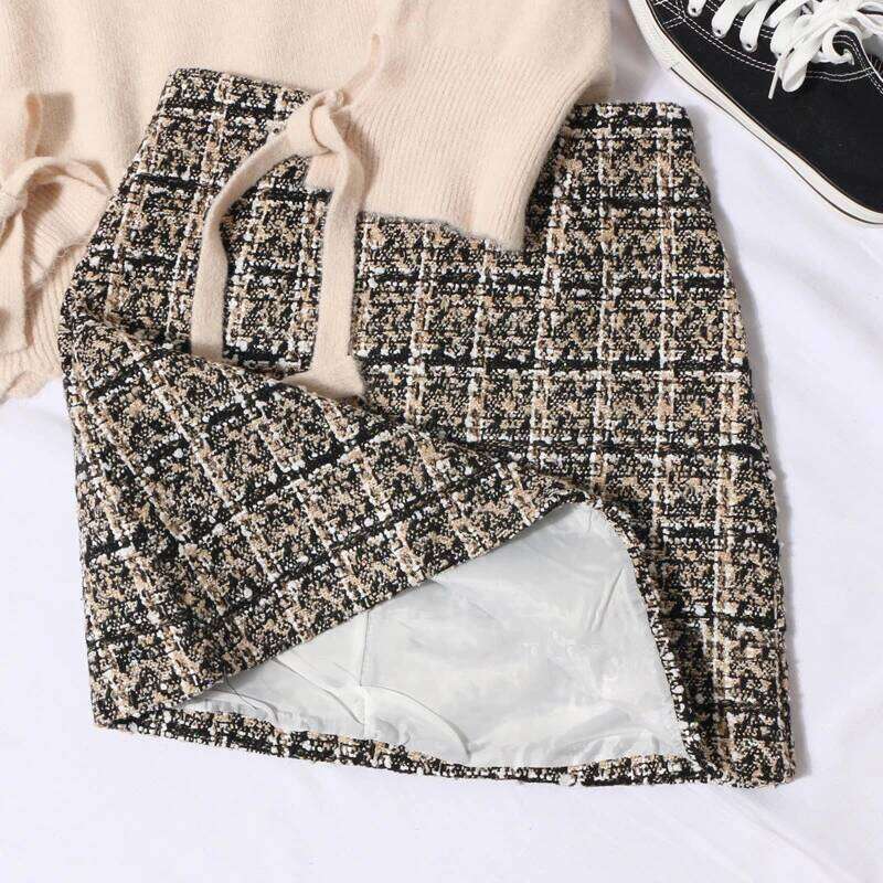 ZAROY 2025 Autumn Winter Tweed Pencil Mini Skirt Women Vintage Plaid Elegant High Waist Slim Short Skirts Office Ladies XJ260309
