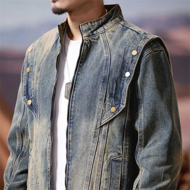 Men Heavy Industry Washed Denim Rivet Vintage Fashion Stand Collar Motorcycle Jacket Man Streetwear Runk Hip Hop Jeans Coat M260309
