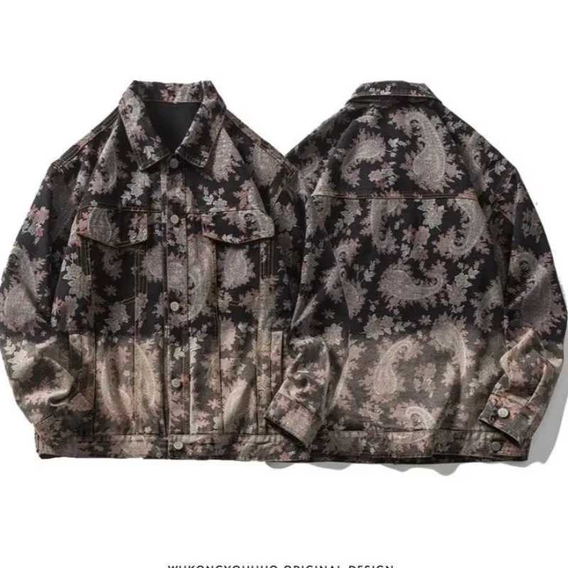 Streetwear Hip Pop Retro Cashew Flower Denim Jackets Mens Clothing 2025 Spring Fashion Outerwear Loose Casual Lapels Jacket Men M260309