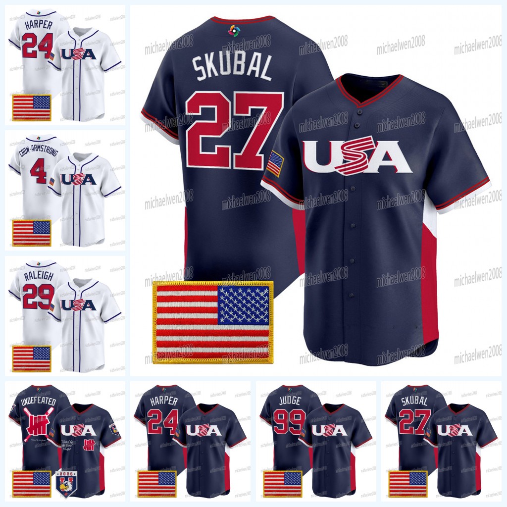 Custom Team USA 2026 UNDEFEATED WBC Baseball Jersey Harper Alex Bregman Aaron Judge Skenes Schwarber Raleigh Skubal Crow-Armstrong Cal Raleigh Will Smith Holmes