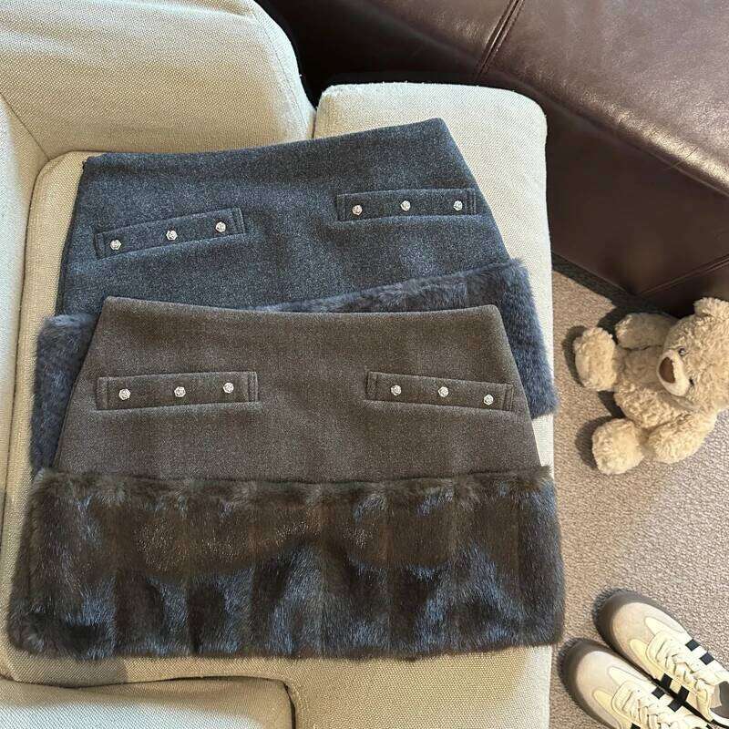 Women's Autumn Winter Faux Fur Patchwork Wool&blend Short Lady Streetwear High Waist Slim Mini Skirt XJ260309