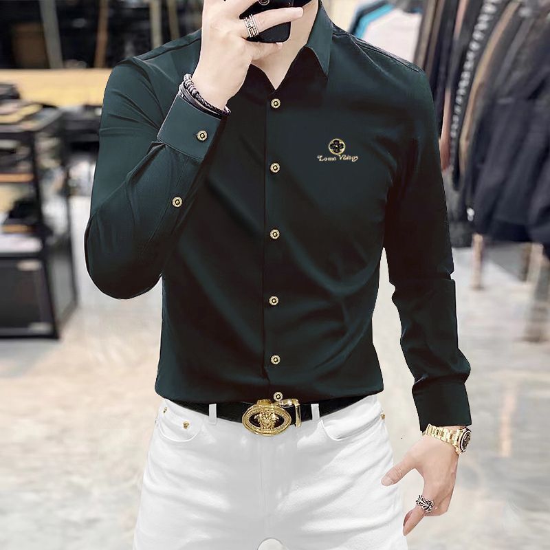 Luxury Brand Designer Clothes High-End New Anti-Wrinkle Trendy Brand Men's Long-Sleeve Slim-Fit Business Casual Seamless Shirt