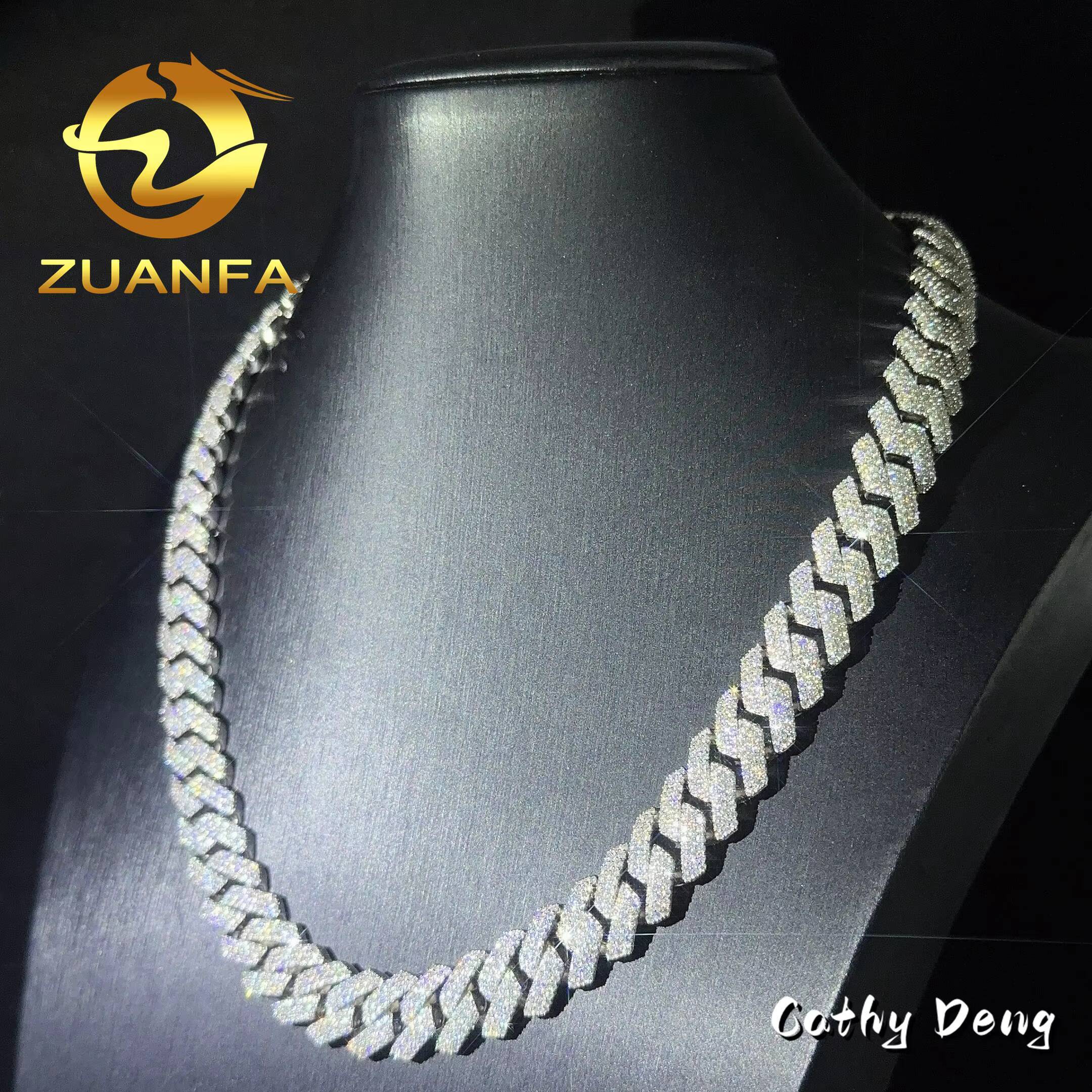 Wholesale Price 14mm 3Rows Moissanite Cuban Chain 925 Sterling Silver Iced Out VVS Men Cuban Link Chain Necklace
