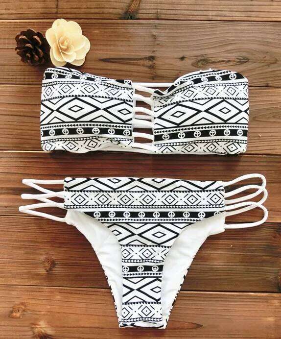 2022 Women Bandeau Bikini Reversible Print Swimsuit Strappy Swimwear Biquini Trikini 1112 XJ260206