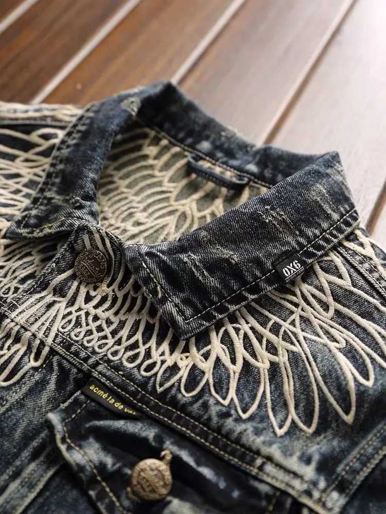 Vintage Wings Embroidered Denim Jacket Men Cowboy Retro Spring Autumn Handsome Long Sleeve Jeans Coat Rockin Clothes M260309