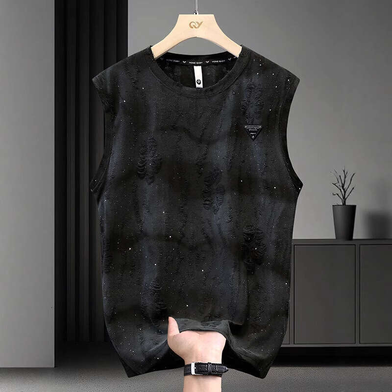 New Summer T-Shirt For Men Trendy Versatile Loose Sleeveless Tee Round Neck Casual Distressed Tank Top