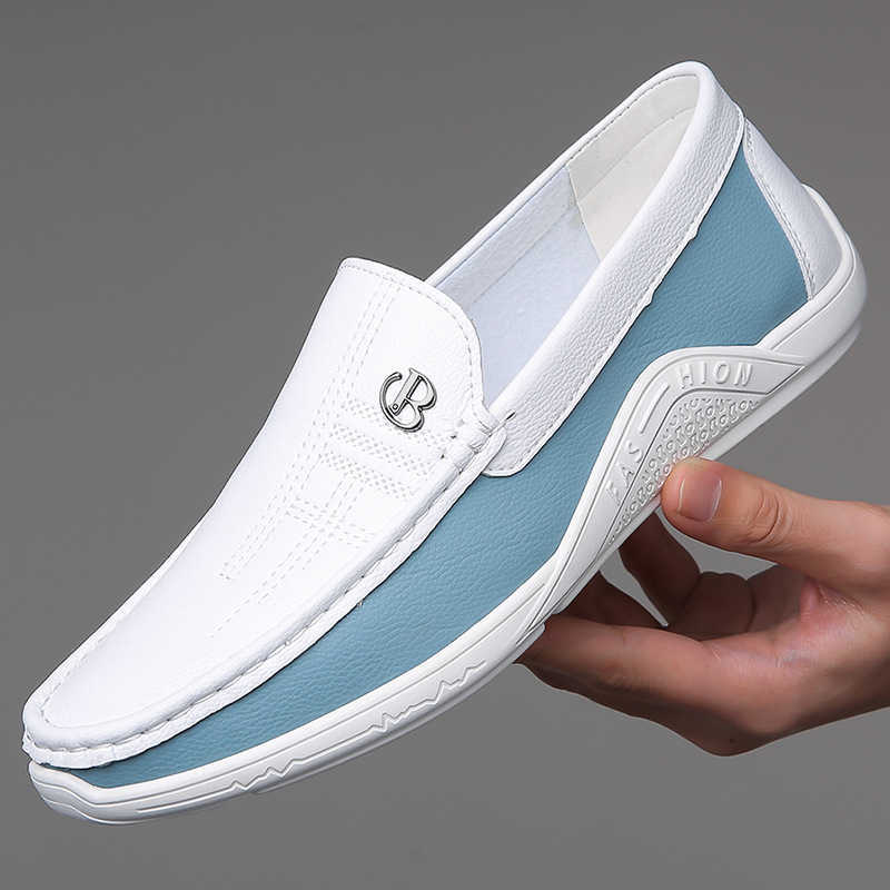 Summer new style men's casual leather shoes lazy pair of foot bean shoes white sneakers driving shoes J260309