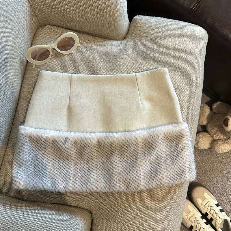 Women's Autumn Winter Faux Fur Patchwork Wool&blend Short Lady Streetwear High Waist Slim Mini Skirt XJ260309