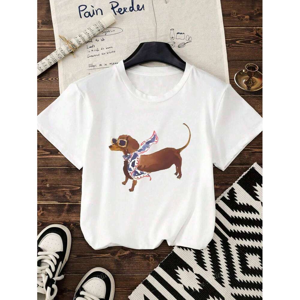 Fun Sausage Dog Printed Cotton T-shirt Summer Women's Leisure Home Travel Tee Round Neck Comfortable Breathable Y2k Top XJ260306