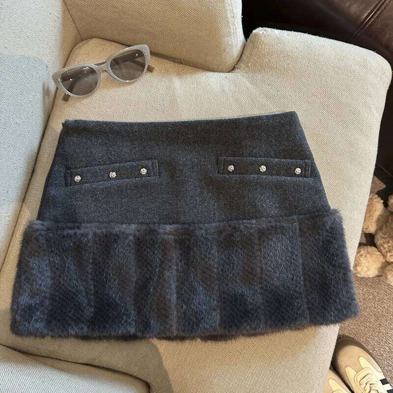 Women's Autumn Winter Faux Fur Patchwork Wool&blend Short Lady Streetwear High Waist Slim Mini Skirt XJ260309