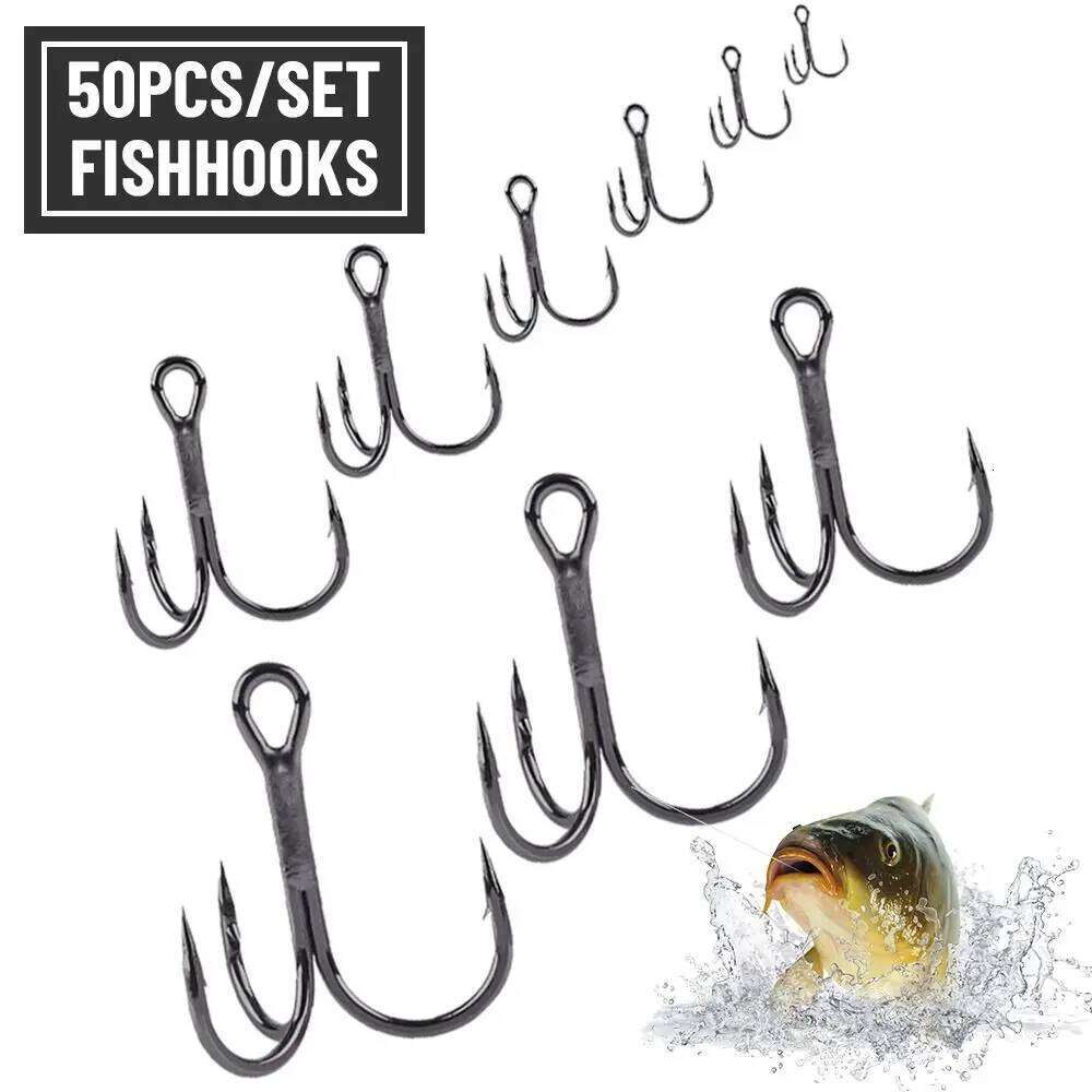50Pcs Black Nickel Super Sharp Fishhooks Treble High Carbon Steel Matte Tin Hooks Fishing Tackle S260305