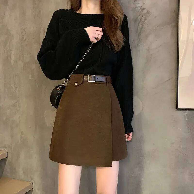 With Belt Autumn and Winter High Waist A- line Black Skirt for Women Woman Skirts Faldas Jupe XJ260309