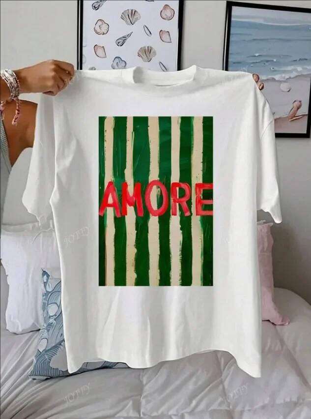 AMORE Striped Art Pattern Summer Outfits Women Casual Round Neck Short Sleeve Female T-Shirt Tops XJ260306
