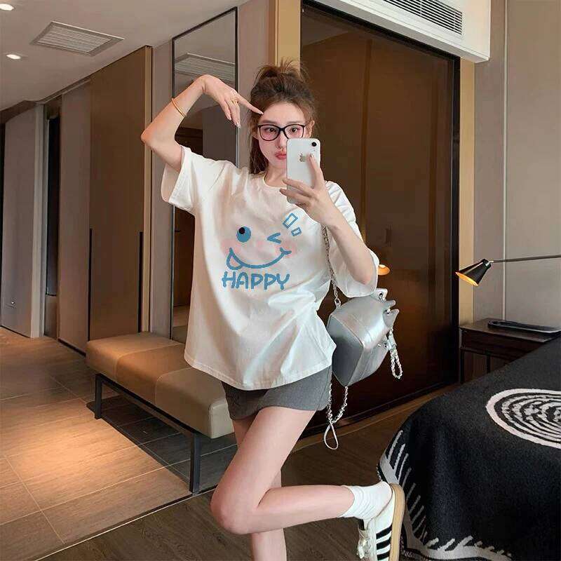 Cute smiley face Print Women Summer 2025 New 100%Cotton Korean Short Sleeve Loose T-shirt casual Y2k Top Female clothing XJ260306