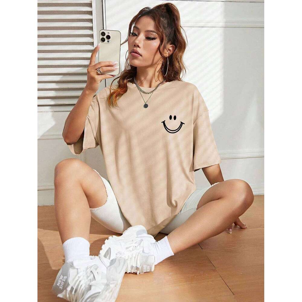 Happy Expression Printed Short Sleeve Street Hip Hop Tee Clothing All-math Breathable Tops Crewneck Women T-Shirts XJ260306
