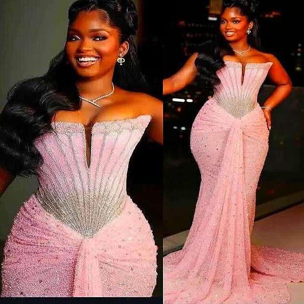 2K26 Pearl Pink Prom Dress 2026 Mermaid Prom Dress Strapless Beaded Crystals Sequined Evening Dresses Birthday Party Formal Receiption Gowns Dresses ZJ079