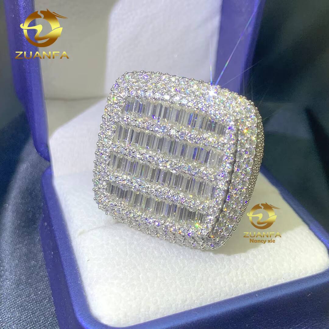 New Designs Ready to Ship Hip Hop Jewelry 925 Sterling Silver VVS baguette Moissanite Diamond Iced Out Rings for Men