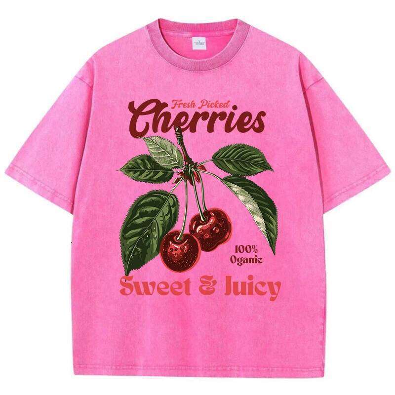 Fresh Picked Cherries Cottonwashed T Shirts Women Sweet Fruit Print T-Shirt Distressed Oversize O-Neck Tops Street Woman Clothes XJ260306
