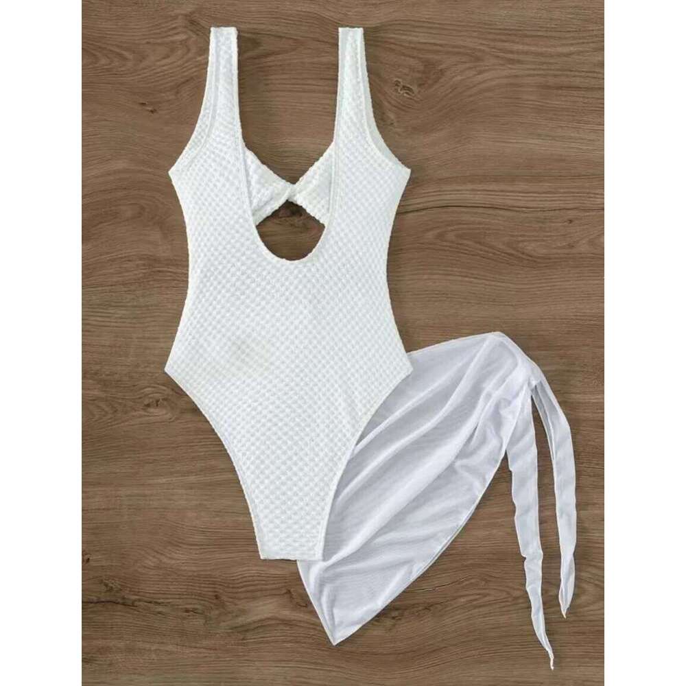 sexy white front knot hollow out swimsuits two pieces with mesh cover skirt bikinis bathing suit beach outfits biquini tankini XJ260206