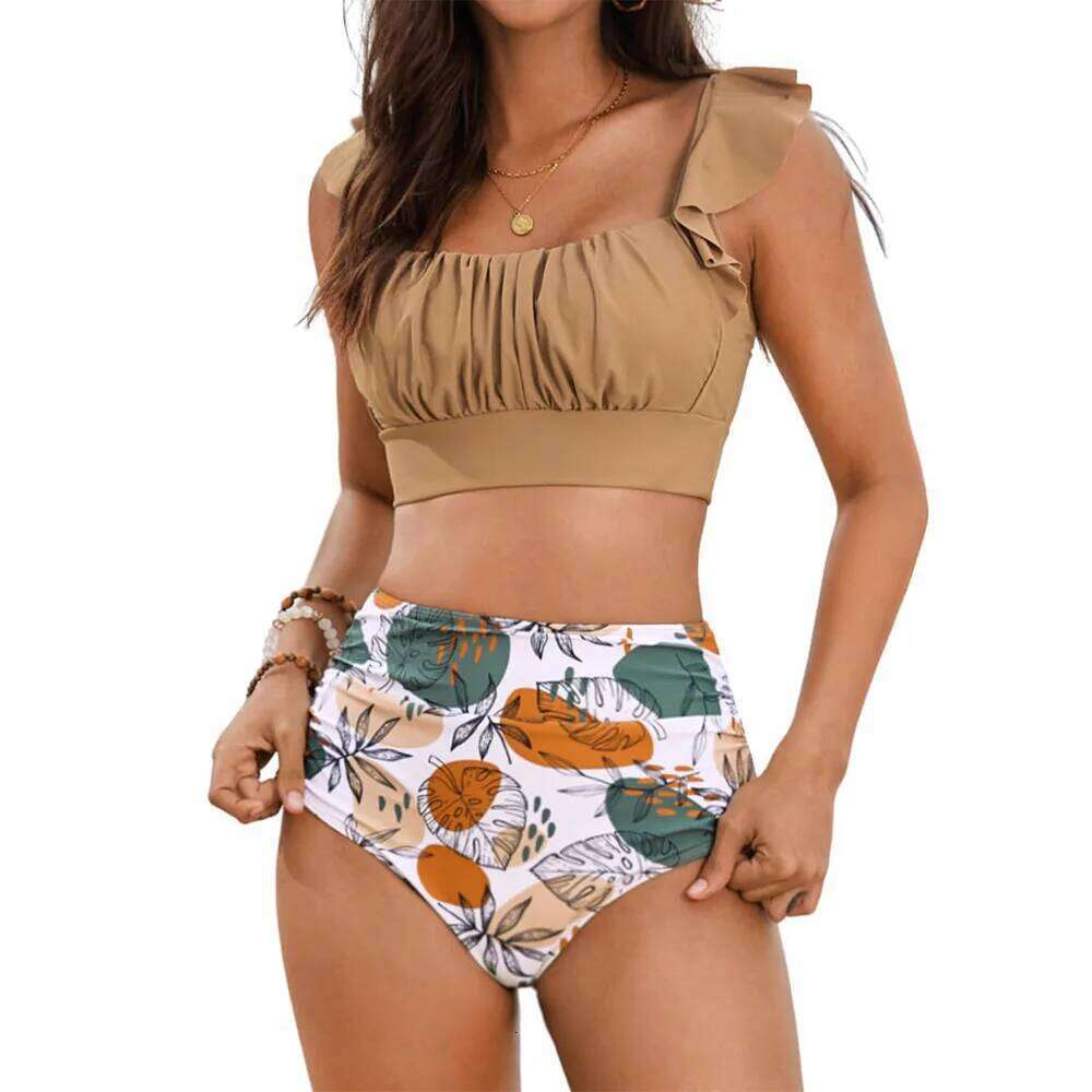 Women 2 Piece High Waisted Bikini Set, Floral Ruffle Tummy Control Swimsuit, Ruched Modest Full Coverage Bathing Suit XJ260206