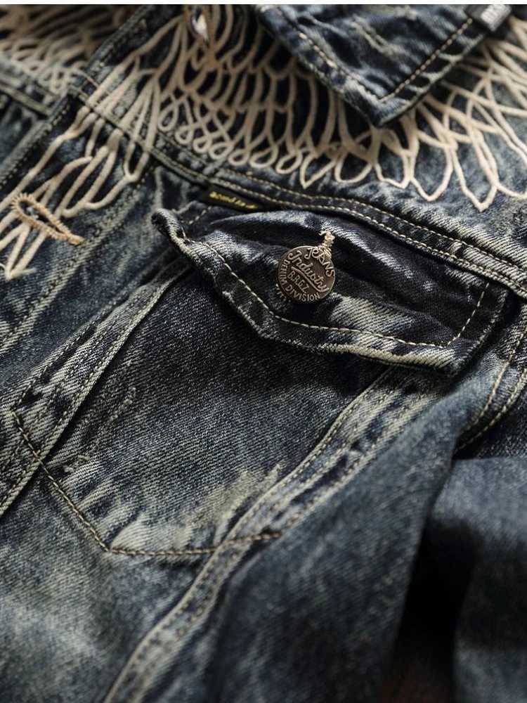 Vintage Wings Embroidered Denim Jacket Men Cowboy Retro Spring Autumn Handsome Long Sleeve Jeans Coat Rockin Clothes M260309