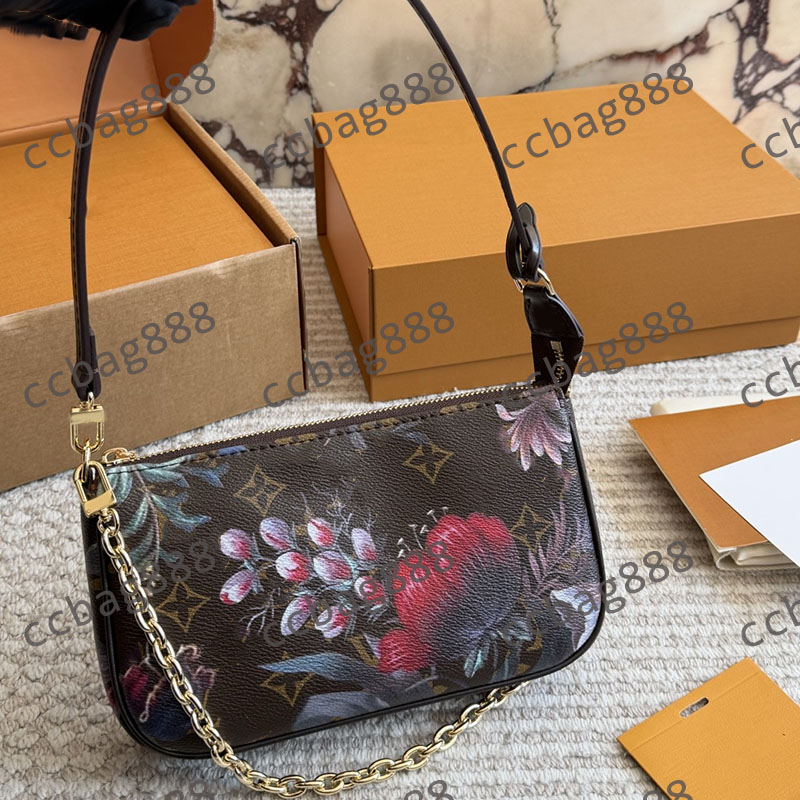 Women Designer Flower Pochette Accessoires Zipper Mahjong Clutch Vanity Bag Gold Chain Leather Strap Underarm Shoulder Handbag Makeup Coin Wallet Purse 23x13cm