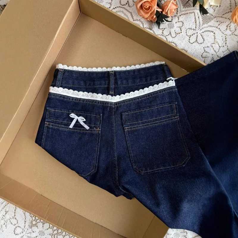 Womens Dark Blue High Waist Jeans Lace Trim Straight Leg Loose Slimming Pants for Spring Autumn M260310