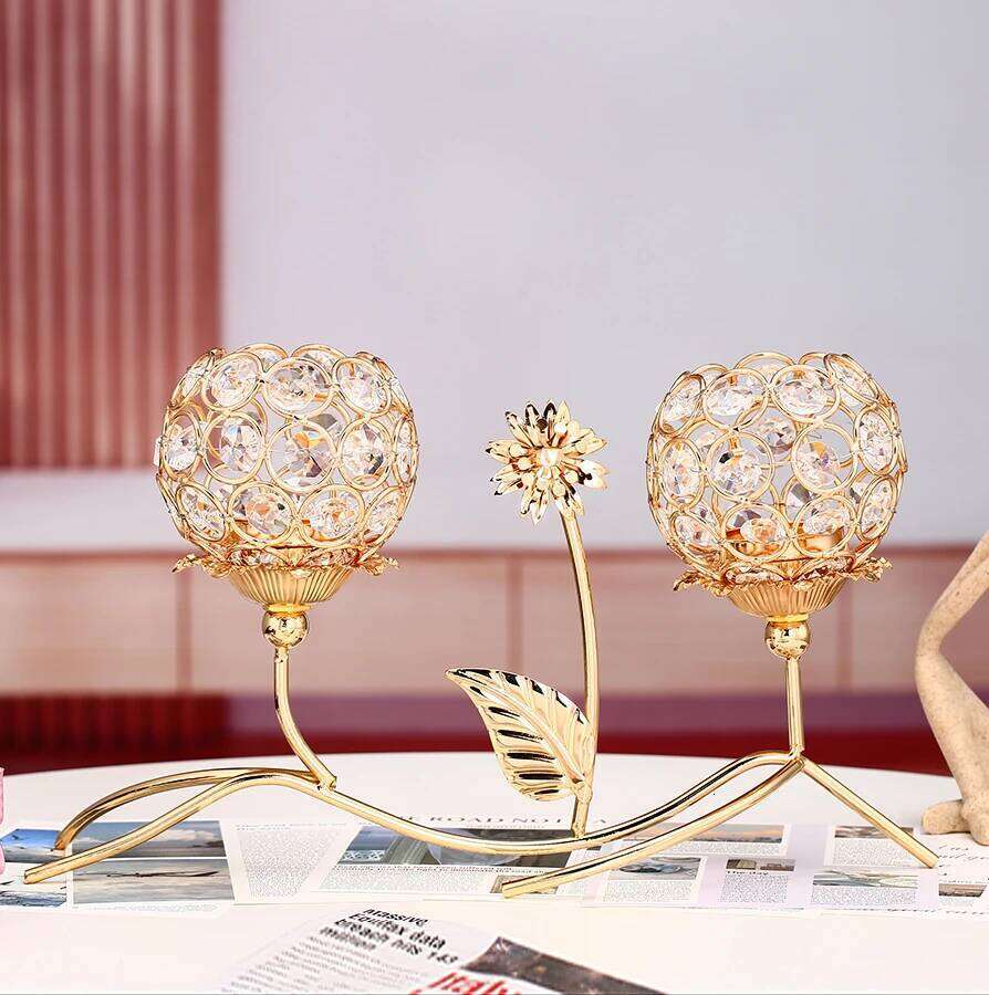 1pc Golden Crystal Candle Holder Dual-head Flower Candlesticks for Dining Coffee Table Wedding Events Parties Home Decor H260310