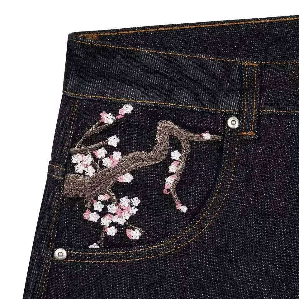 Gothic Jeans Y2K Clothes Men Women Harajuku Casual Sakura Embroidery Vintage Black Baggy Jean High Waist Wide Leg Trouser C260310