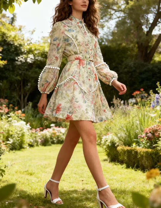2026 Spring and Summer, European and American niche socialites, elegant ladies, printed lantern sleeves, single breasted loose tie, waist tied dress
