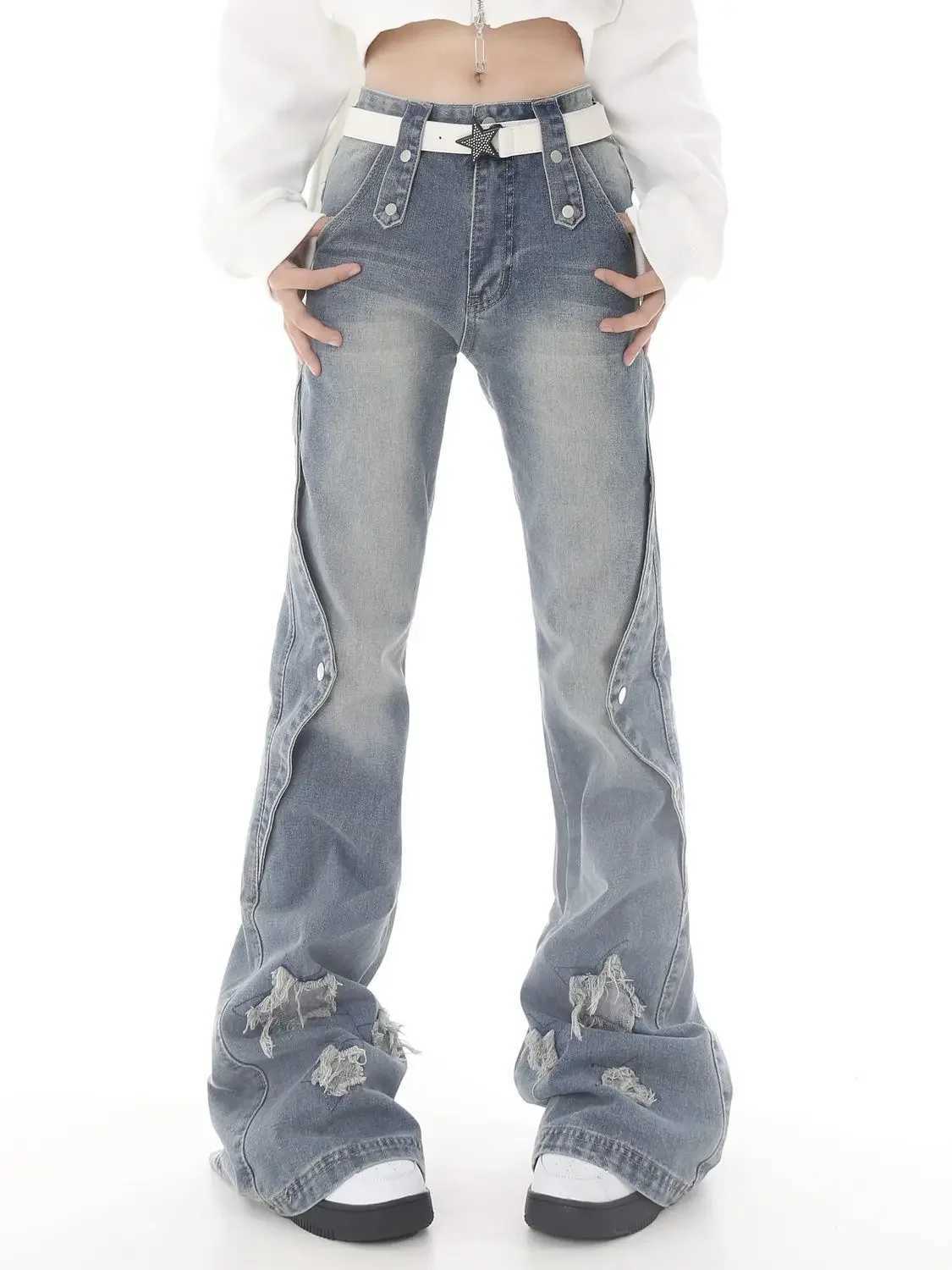 Women Blue Y2k Star Flare Jeans Vintage Cowboy Pants Harajuku Denim Trousers 90s Streetwear 2000s Trashy Clothes 2024 M260310