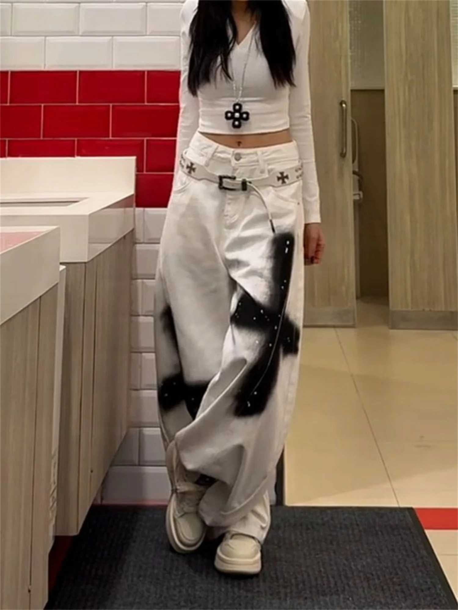 Y2K Womens High Waist Super Wide Leg White Jeans Black Cross Graffiti Studded Gothic Streetwear Trendy Denim Trousers M260310