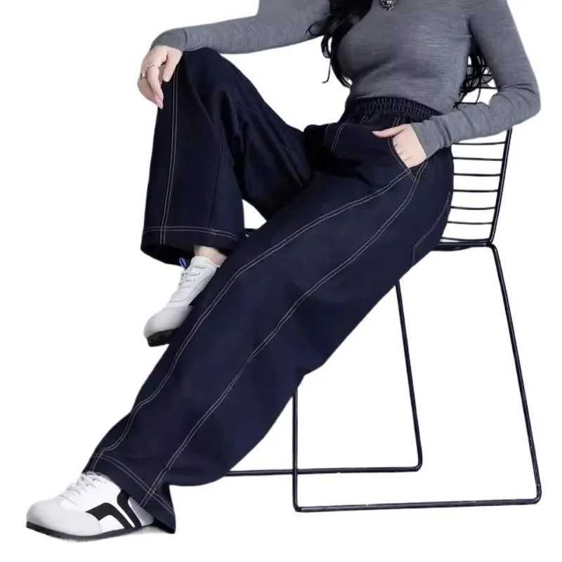 High waisted Womens Casual Jeans 2025 Spring Autumn new Loose Elastic waist Denim Wide leg pants Lady Curved knife Pants M260310