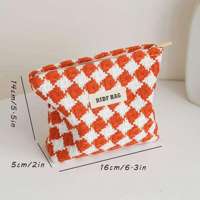 DJDF Orange Plaid Women's Cosmetic Small Double Canvas Portable Zipper Lipstick Storage Bag Commuter Coin Purse Card Holder XJ260310