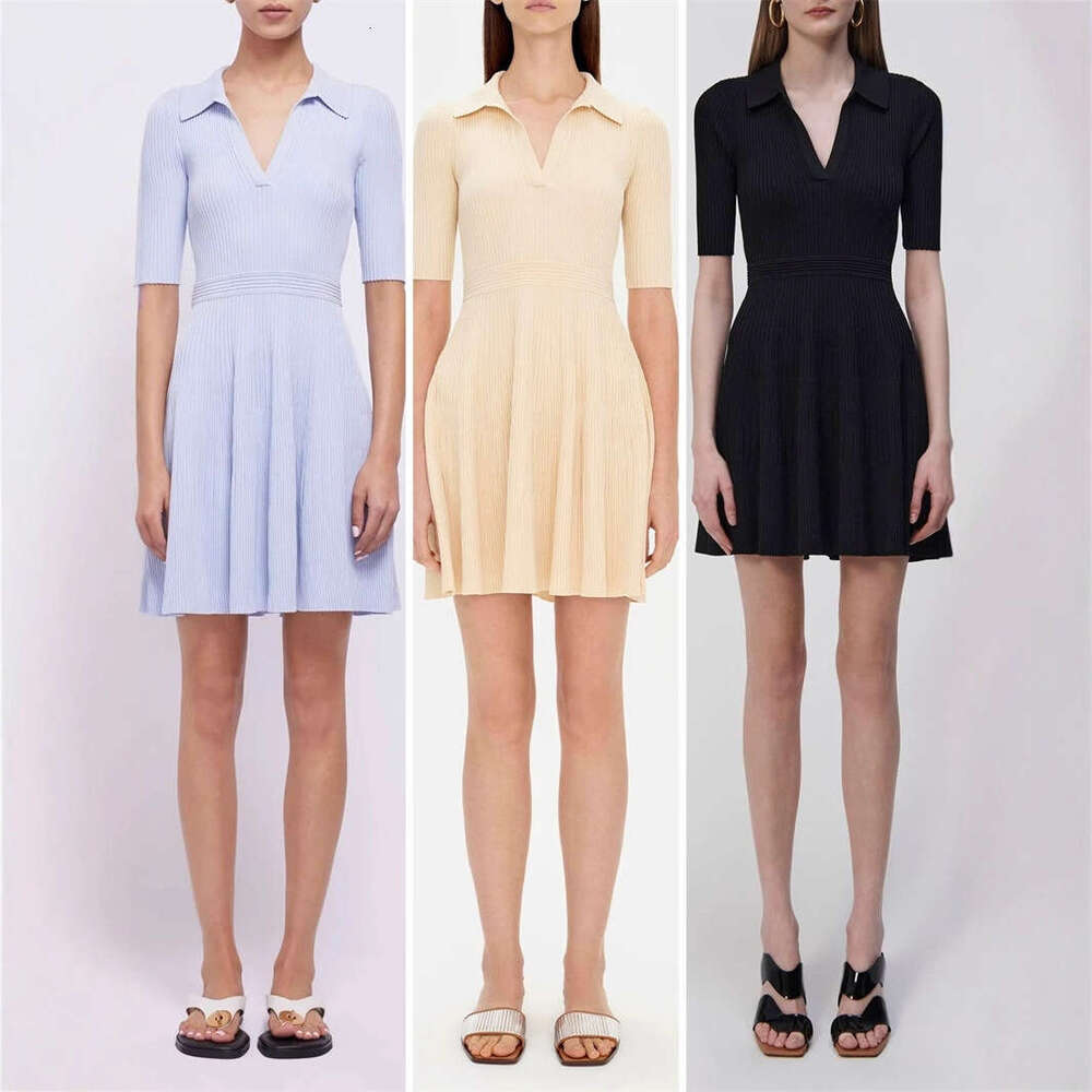 2026 new European and American niche simple, elegant, lightweight business style lapel, slim fit waist, A-line solid color knitted dress