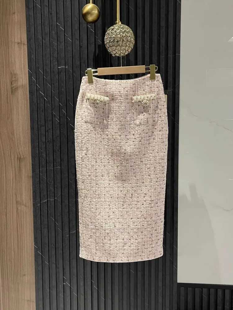 Autumn Spring Beading Diamond Button Women Tweed Jacket Outfits Mid-Calf Length Skirt Sets O-Neck Party Short Coat Two Piece SetT260310