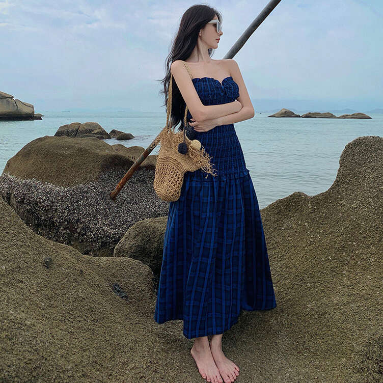 2026 Spring and Summer New Checkered Niche Design Annual Meeting Strapless Dress Elegant Long Dress