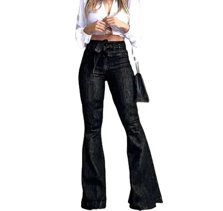 Women Jeans Solid Color High Waist Flare Pants Zipper Fly Flat Pockets Streetwear Slim Patchwork Button Slight Strech Belt M260310