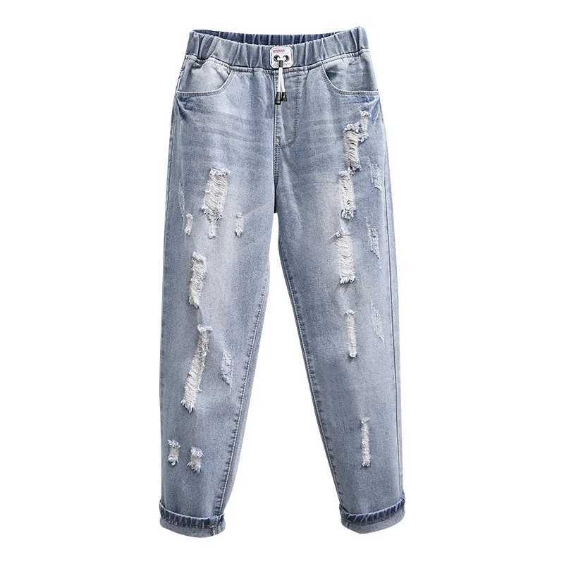 L-7xl ripped jeans woman high waisted plussized baggy blue jeans for women loose denim trousers mom jeans M260310