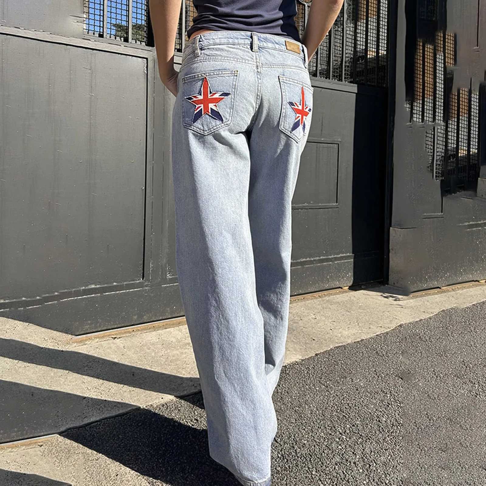 Womens Spring Fall Baggy Jeans Pants High Waist Loose Straight Leg Denim Pants with Star Pockets Y2K Vintage StreetwearT260310