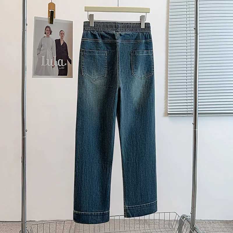 Autumn Women 9XL Blue Jeans Fashion Washed Cotton Elastic Straight Denim Pants Korean Casual Simple Female High Waist Trousers M260310