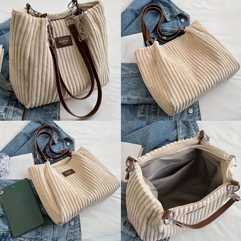 Large Capacity Corduroy Tote Chain Handbag Shoulder Bag for Women, Polyester Lining, Zip Closure, Black, Beige, Khaki, Green XJ260310