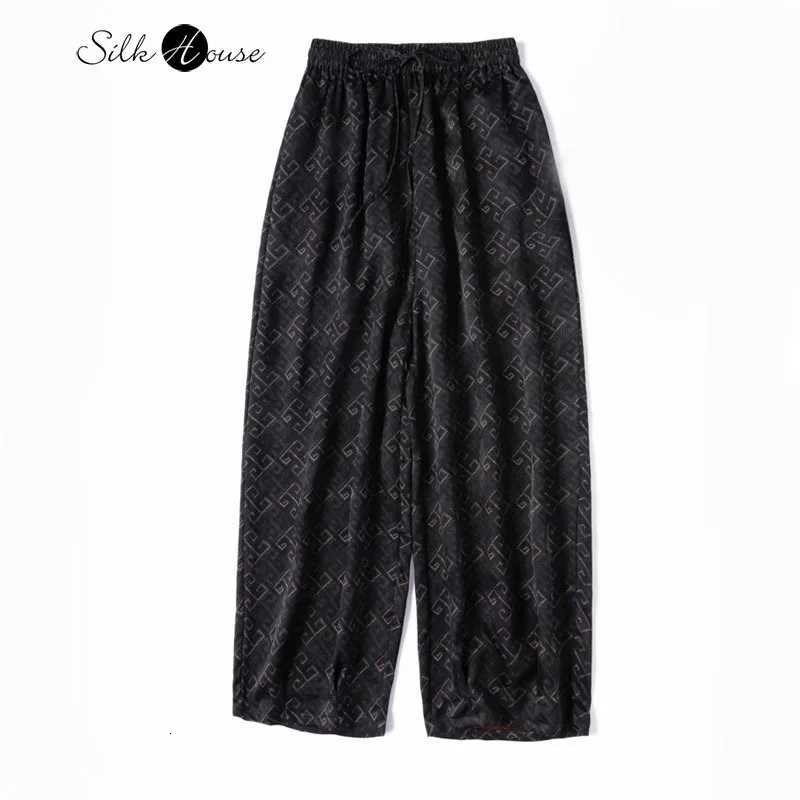 Breathable Cool 100 Natural Mulberry Silk Jacquard Gambiered Guangdong Gauze Elastic Waist Womens Loose Fashion Harun PantsT260310