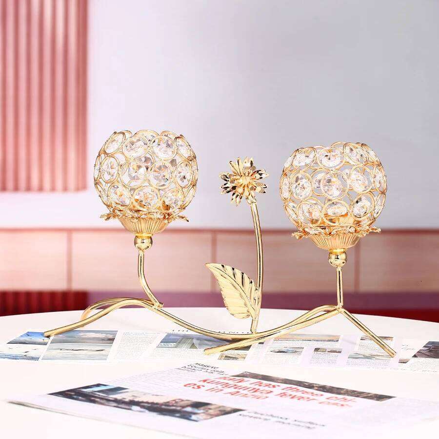 1pc Golden Crystal Candle Holder Dual-head Flower Candlesticks for Dining Coffee Table Wedding Events Parties Home Decor H260310