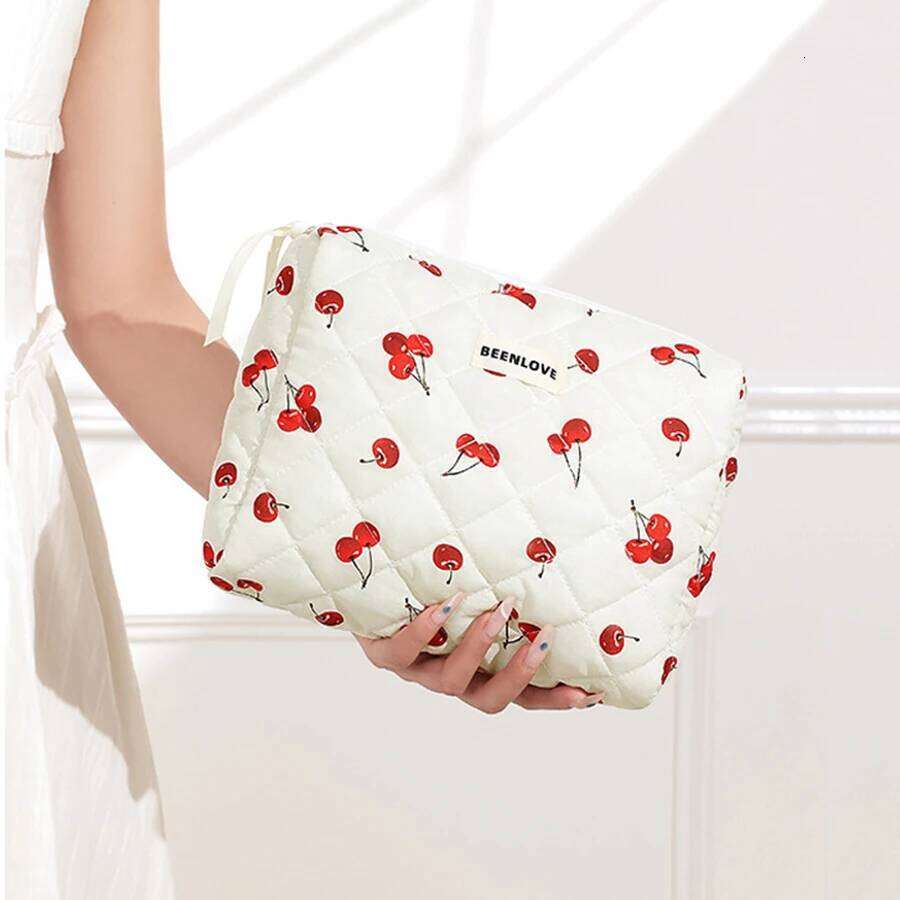 Cute Cherry Printed Cosmetic Quilted Organiser Women's Zipper Flower Cotton Travel Wash Portable Toiletry Bag XJ260310