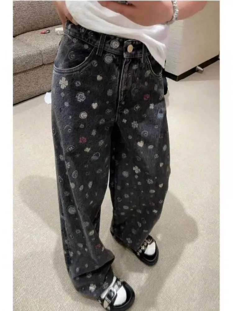 Women Fashion Style Jeans 2025 Autumn New Full Printed Floral Design All-match Casual Straight PantsT260310